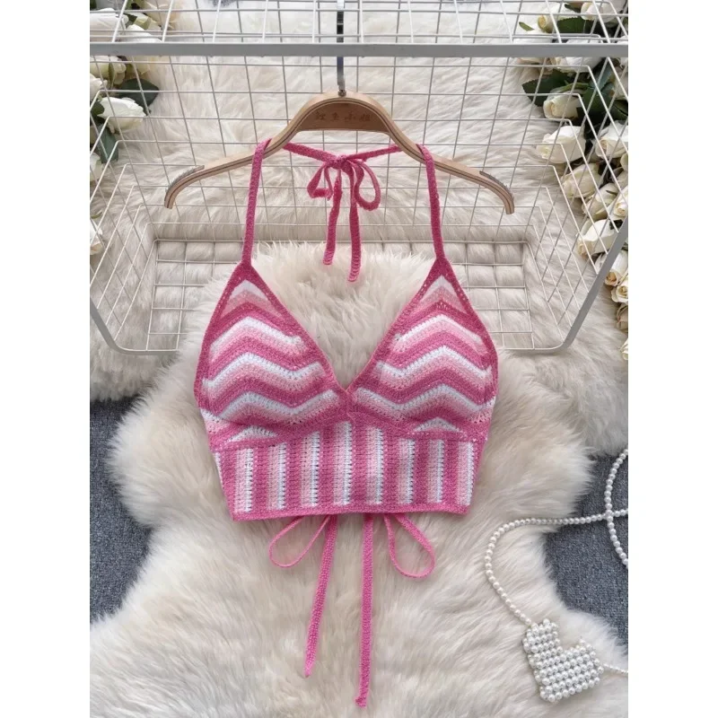 

Beach Vacation Style Cami Top Women Design Sense Color Blocking Hook Flower Slim Fit Camisole Short Sexy Exposed Navel Crop Tops