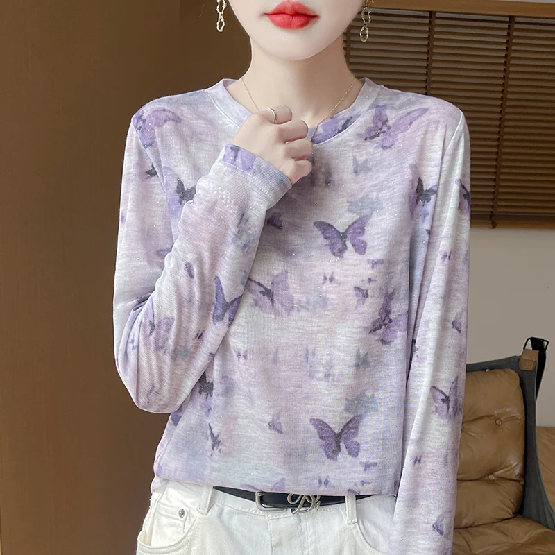 Summer New Water-soluble Printing Long Sleeve T-shirt Knitted Bottom Shirt Women's Round Neck Thin Shirt Sunproof