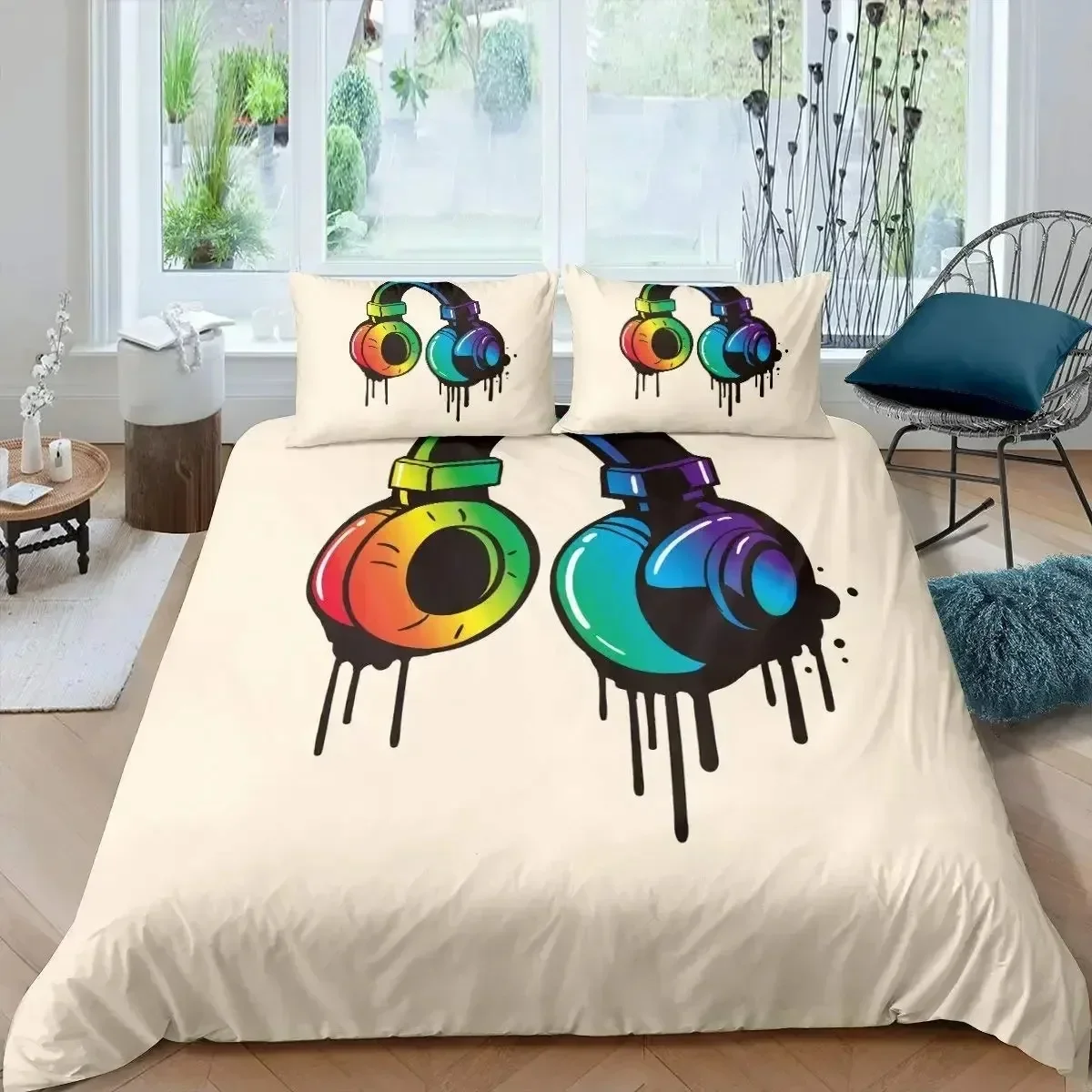 

Headphone Printed Duvet Cover Set Musical Geometric Pattern Comforter Cover Boys Teens Double Queen King Polyester Qulit Cover