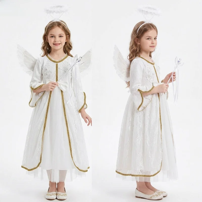 White Angel Princess Performance Skirt for Little Girls Halloween Dance Costume Children's Stage Outfit Polyester Fiber