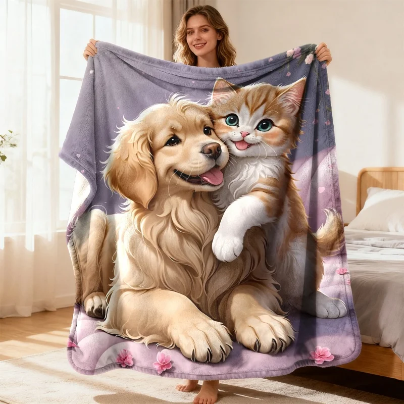 Golden Retriever Cat Flannel Blanket Cute Puppy Kitten Cherry Blossom Fleece Blanket Soft Cozy Warm Throw Blankets For Bed Gift