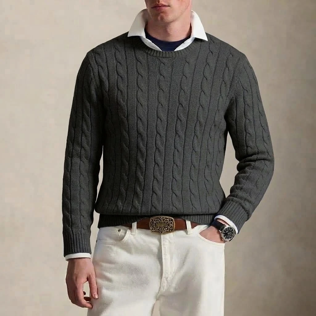 Herren-Pullover im Vintage-Stil mit Zopfmuster, Rundhalsausschnitt, Herbst, Langarm, Strickoberteil, lässig, Business, warm, Winterpullover, Kleidung – Detail 4
