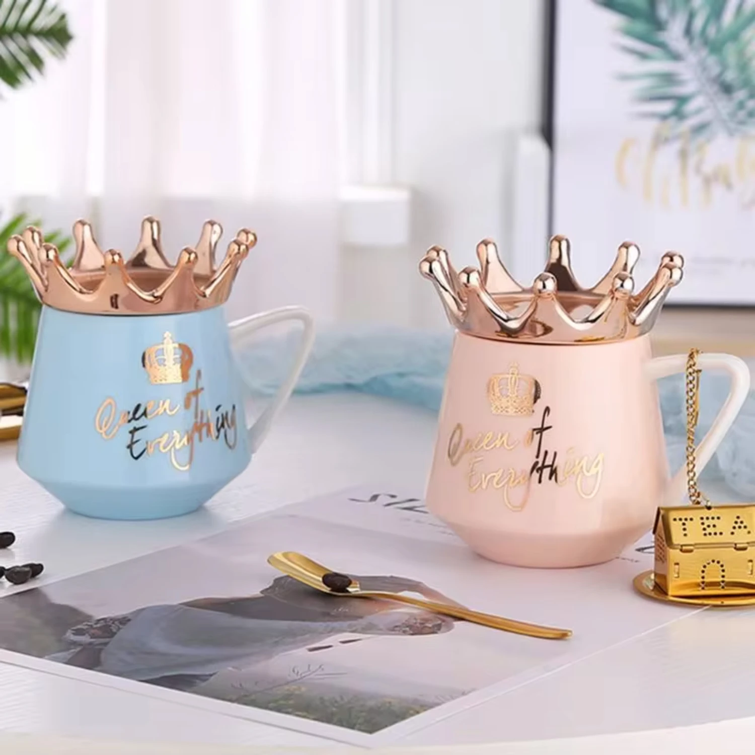 Creative Nordic Crown Mug Personalized Trendy  with Spoon Coffee Cup  Office Student  Ceramic Cups