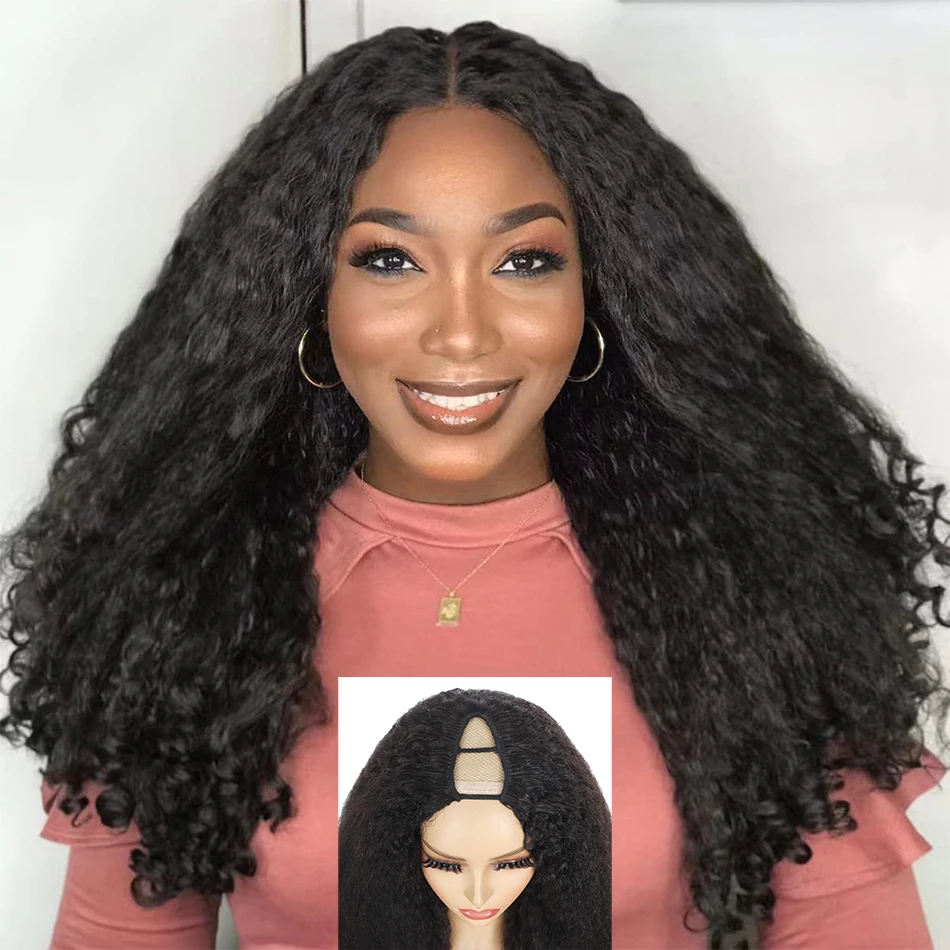 100% Brazilian Hair Afro Kinky Straight Curly End V Part Wigs 250% Density Afro Yaki Wave Human Hair U Part Glueless Half Wigs