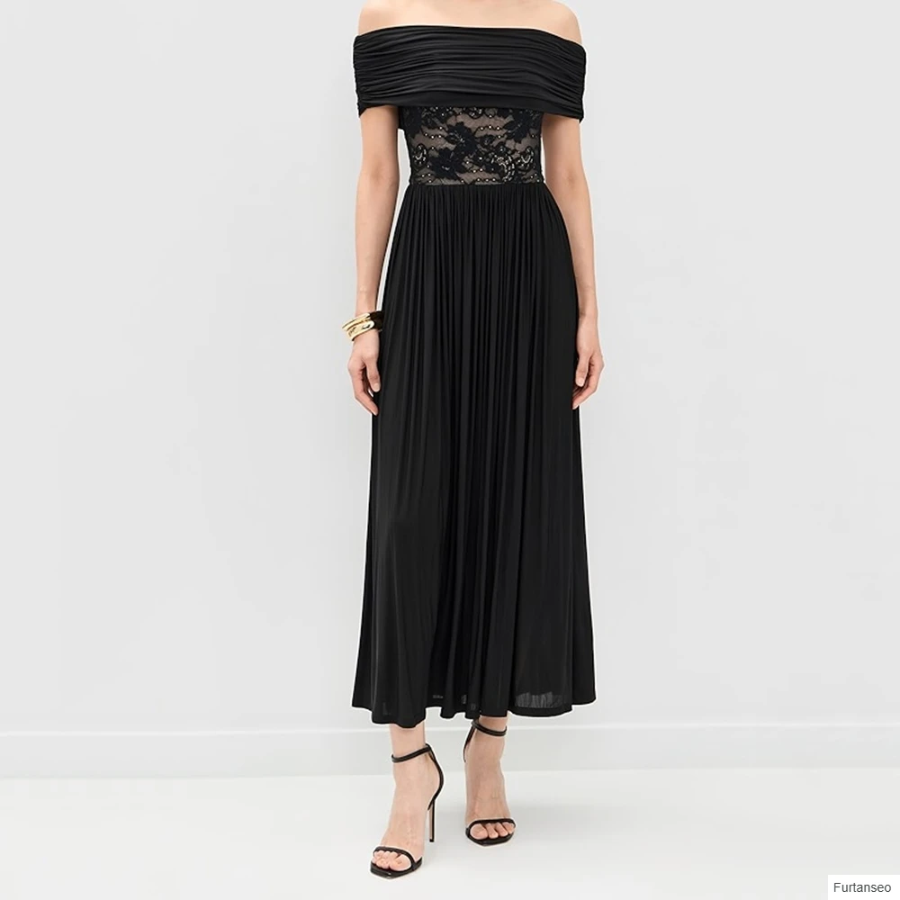 

A-line Women's Evening Dresses Tea-length Off The Shoulder Sleeveless Prom Gown Fashion Lace Sequined Draped Customized Gowns