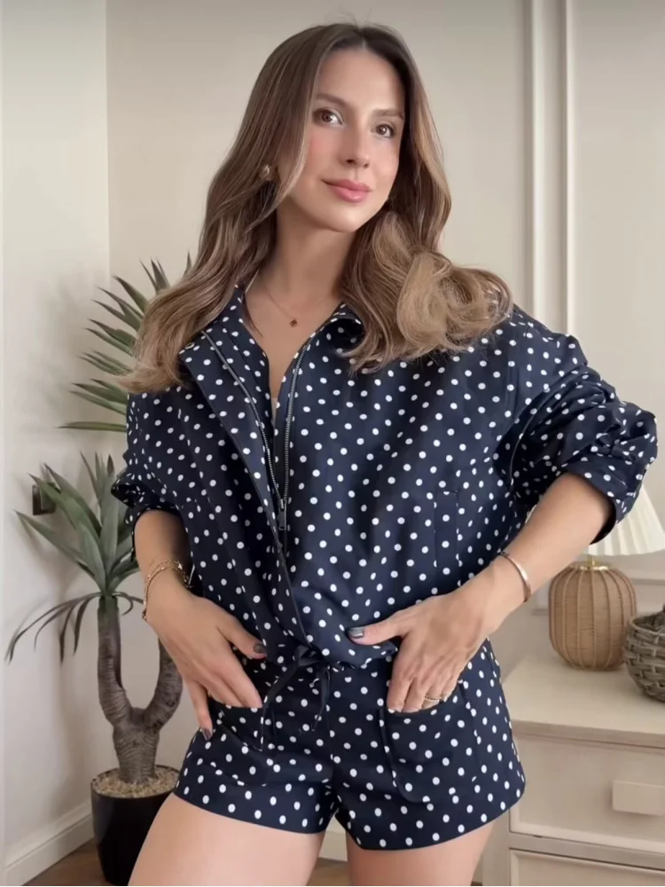 

Fashion Navy Polka Dot Shorts Set For Women Casual Stand Collar Zipper Jacket & High Waist Shorts Lady 2026 Spring Chic Outfits