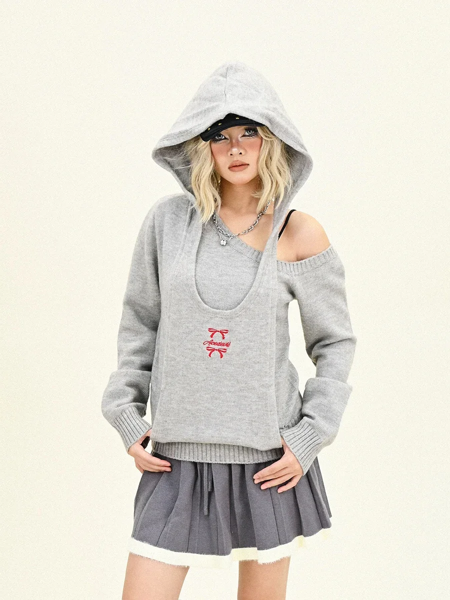 Fake Two-piece Off-the-shoulder Hooded Sweater Women's 2024 Winter New Loose Bf American High Street Knitted Top