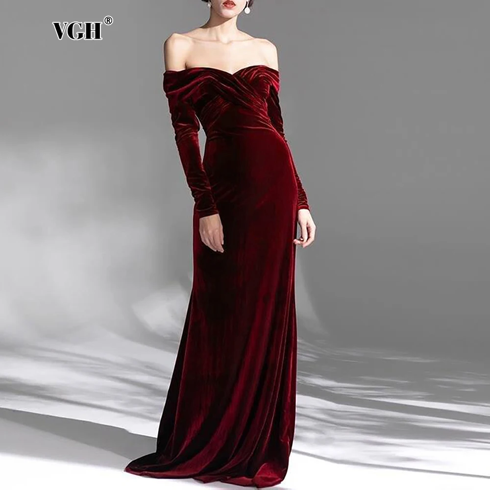 

VGH Elegant Solid Velvet Evening Dress For Women Slash Neck Long Sleeve Backless High Waist Bridesmaids Dresses Female Fashion