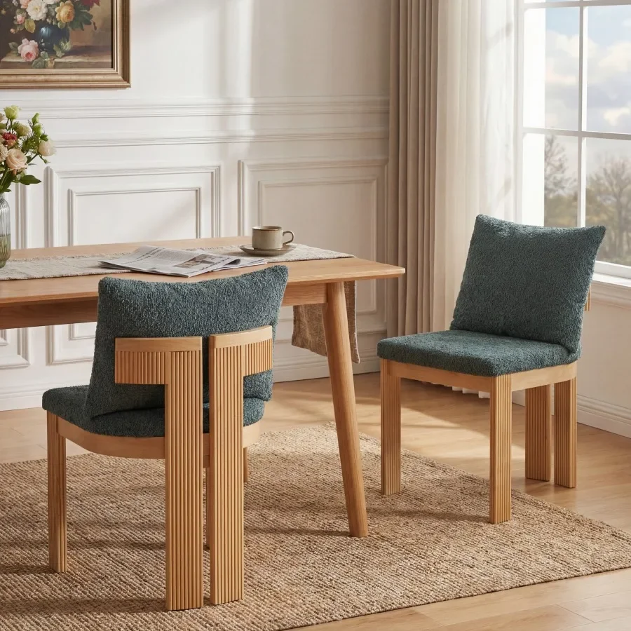Indoor Boucle Dining Chair Set of 2, Rubber Wood Frame, Plush Green Boucle Seating, 250lbs Weight Capacity for Kitchen and Dini