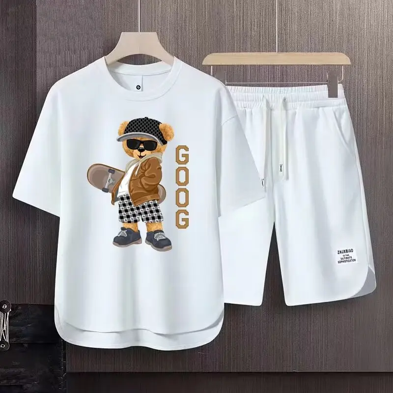 Summer Men\'s Sets Japan Trendy Cartoon Printed T-shirts Shorts 2 Piece Set Breathable Waffle Top Sports Men\'s Clothing New 2024