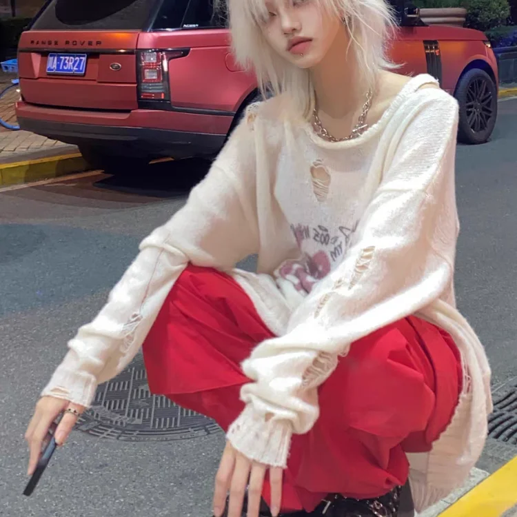 

Вязаный топ Kimotimo с принтом в стиле панк-граффити, женский свободный свитер с длинными рукавами в стиле Харадзюку Y2K, ретро-готический тонкий пуловер для уличного стиля