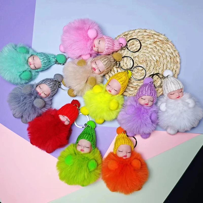 Colorful Fluffy Ball Keychains Pompom Sleeping Baby Key Ring Key Hanging Holder Accessories For Women Men Fashion Jewelry Gift