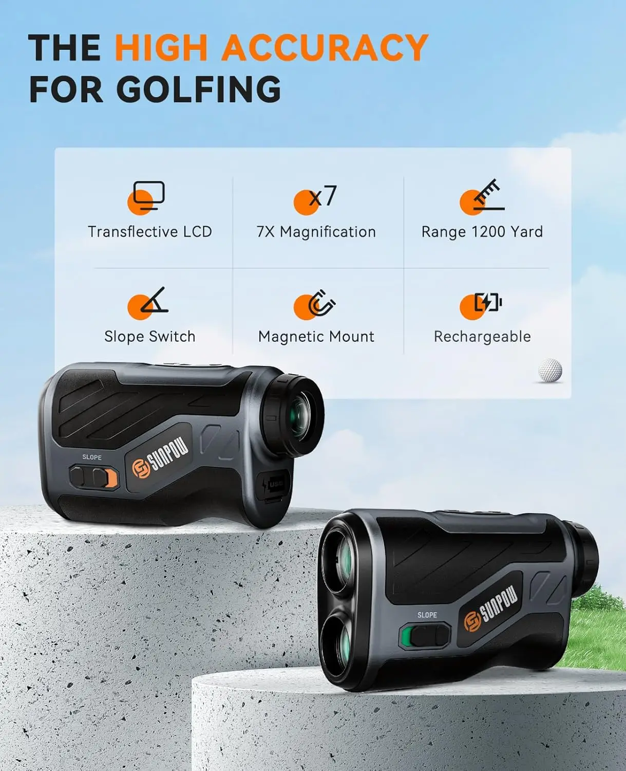 High Precision Laser Range Finder for Golfing/Hunting, 1200 Yards, 7X Magnification, Flag Po