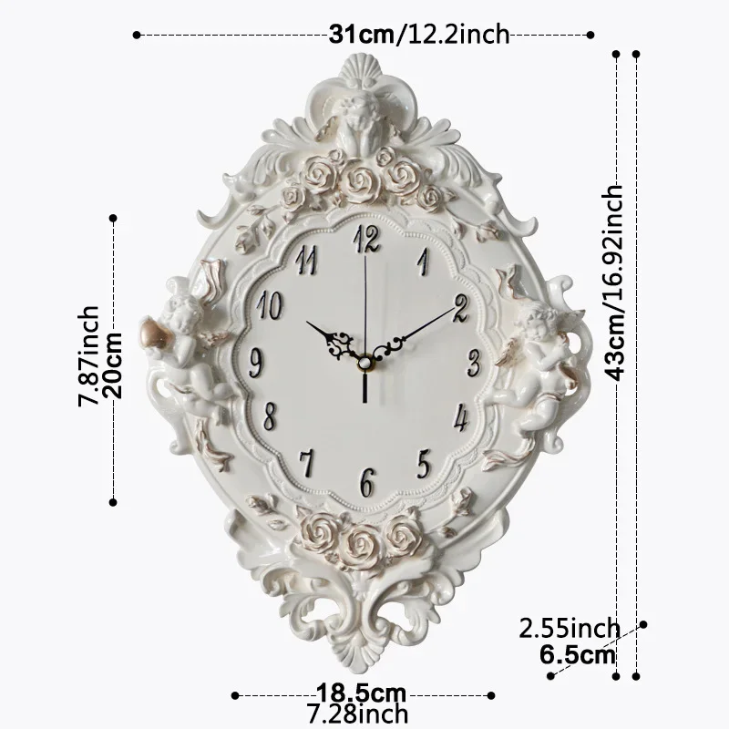 European angel wall clock Resin Rose Flower and watches Classic For style living room bedroom mute Cupid resin angel clock gift