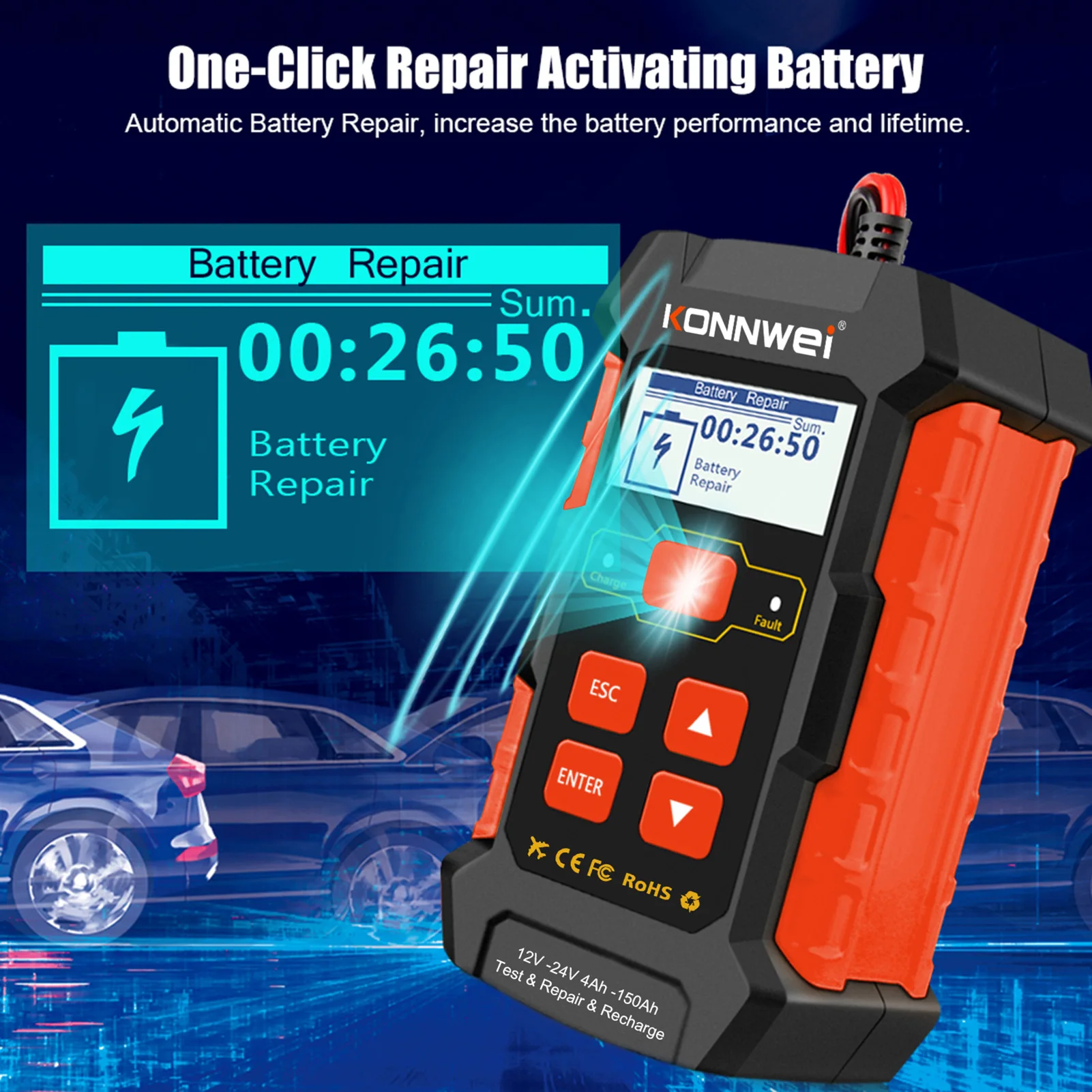 KW520 12V 24V Car Battery Tester Charger and Battery Repairing Tool 3 in 1 Diagnostic Scanner 100-2000CCA Battery Tester