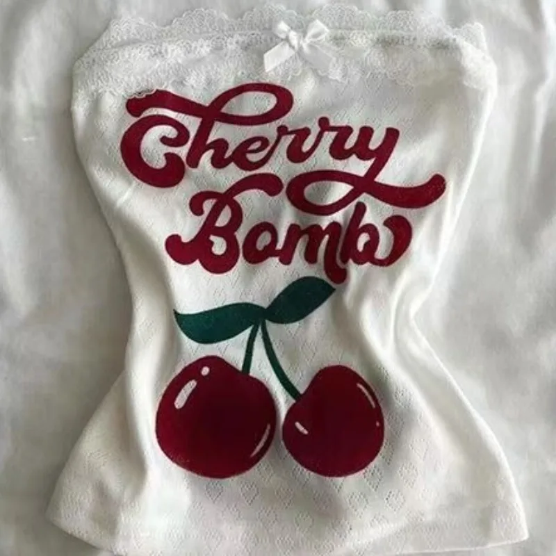 

American Subculture Popular Strapless Vest Harajuku Bow White Sleeveless Vest Retro Lace Patchwork Tanks Women's Sexy Hottie Top