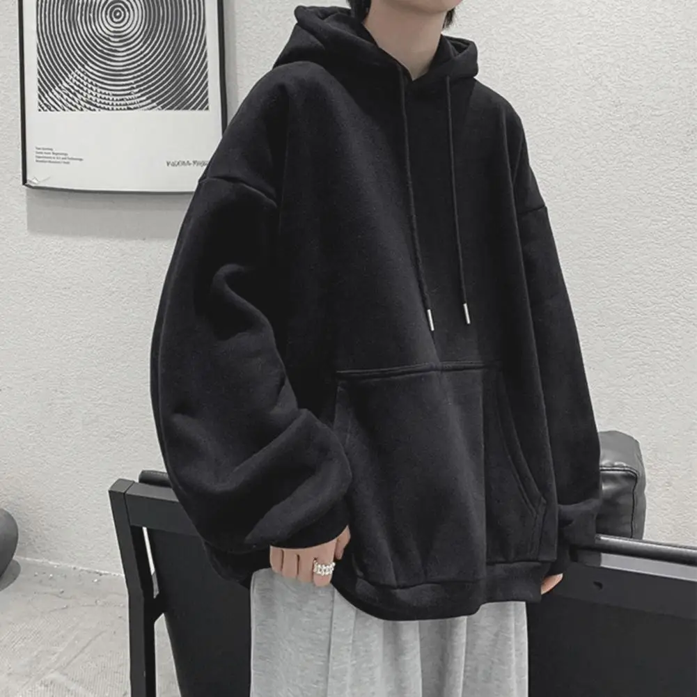 Men Fall Winter Hoodie Drawstring Elastic Cuff Thick Plus Size Big Patch Pocket Hooded Loose Warm Mid Length Sport Couple Top