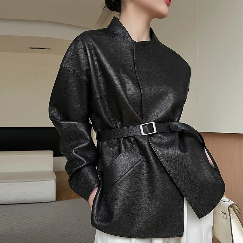 

Women Spring Vintage PU Leather Jacket Coat With Belt Fashion Women Cool Black Jacket Streetwear Tops ClothesJJ941