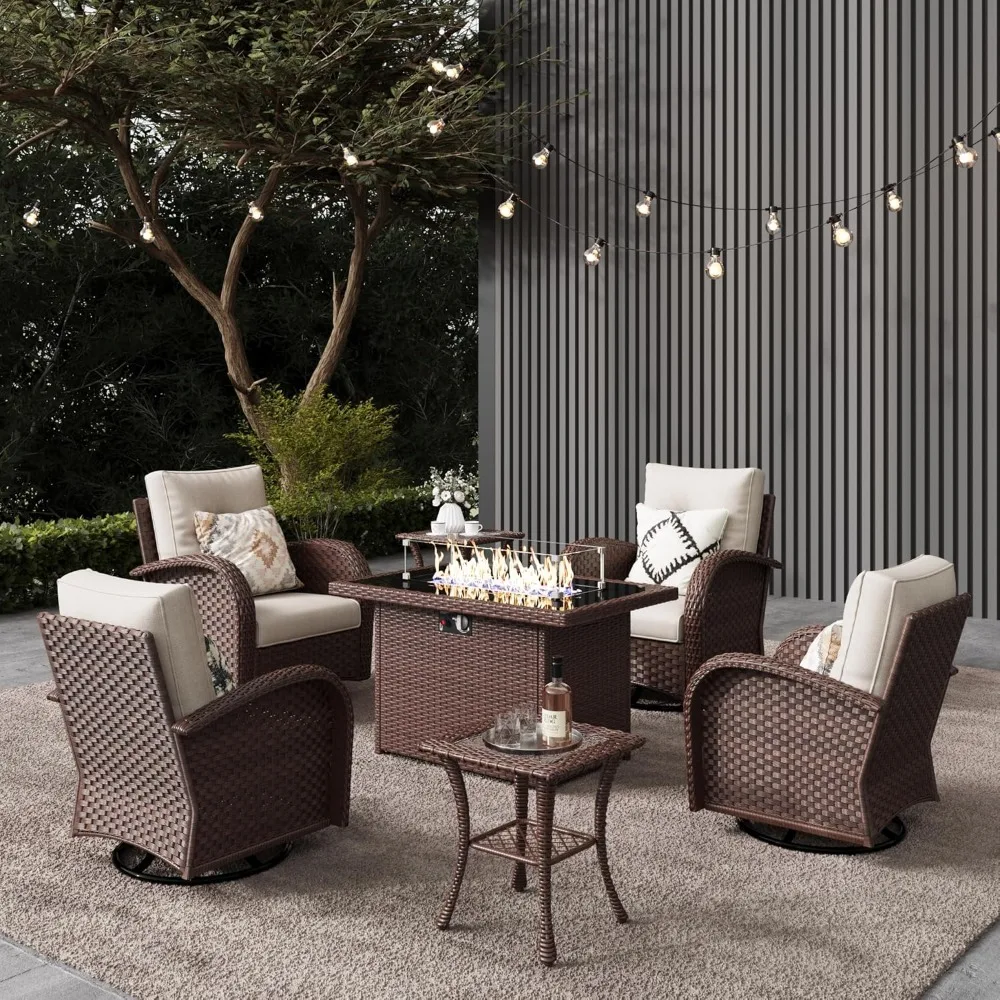 

7 Pieces Outdoor Patio Furniture Set with Fire Pit Table, Rattan Wicker Sectional Swivel Rocker Chairs Sets.