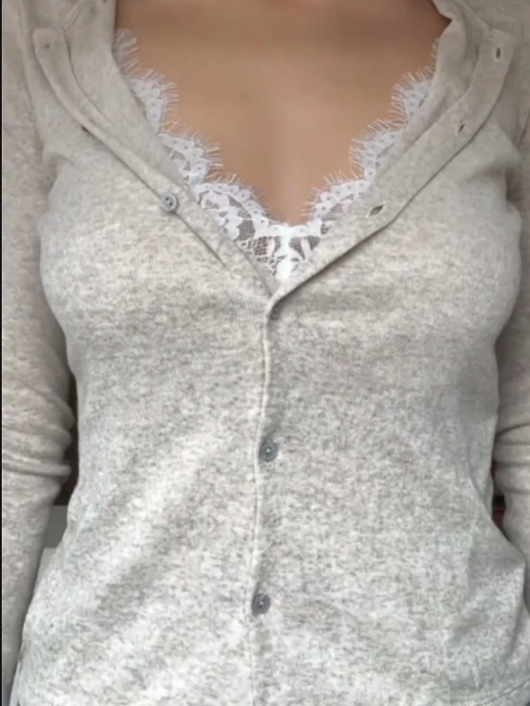 

HH женская весенняя мода кружевная украшенная трикотажная рубашка женская тонкая однобортная однобортная однотонная пальто с v-образным вырезом и длинными рукавами топ