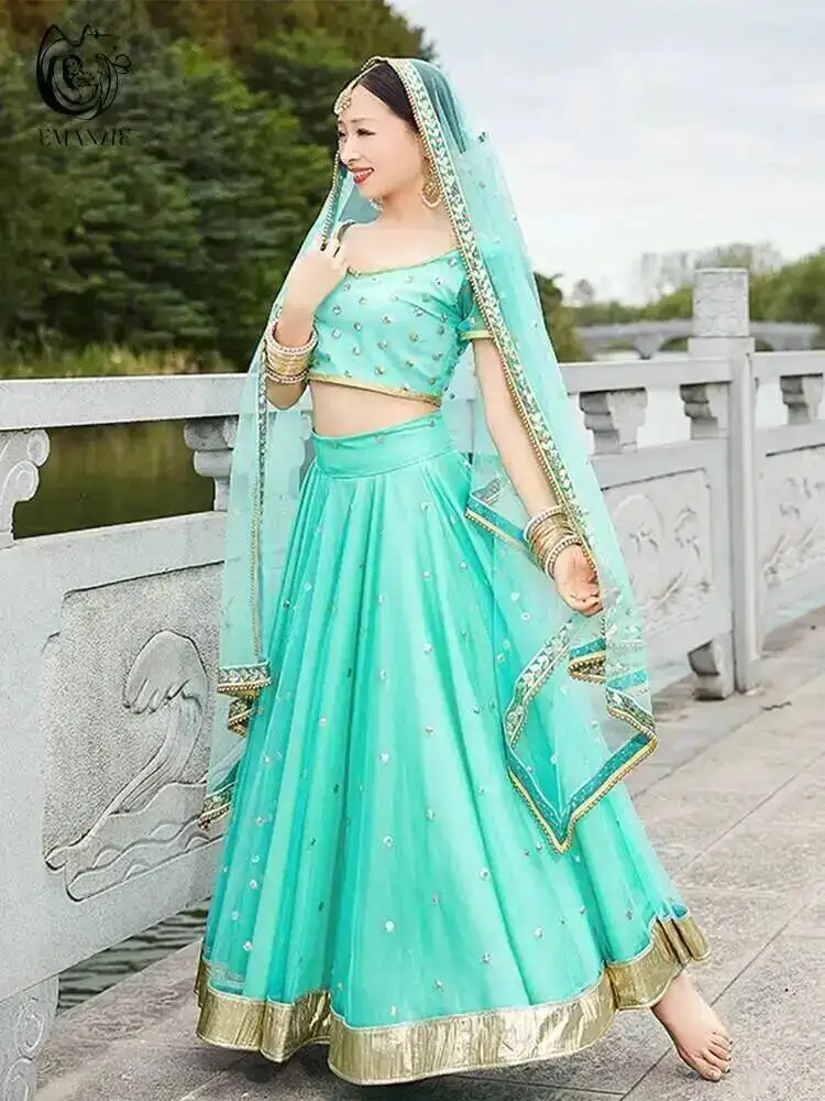 Belly Dance Clothes Exotic Indian Dance Costume Ethnic Style Women's Belly Dance Dress Sari Top Large Swing Skirt Lengha Set