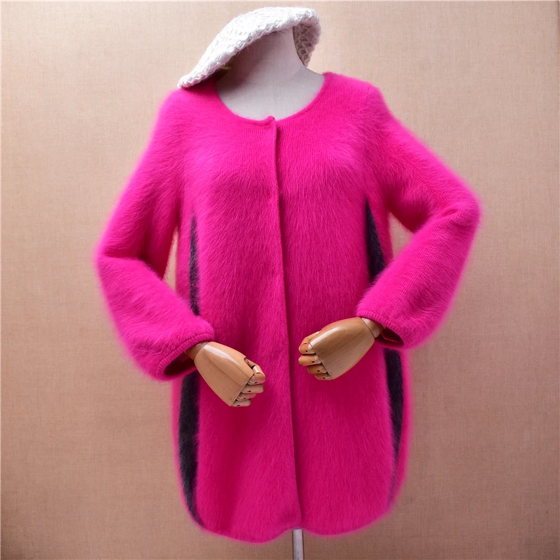 Women Mujer Autumn Winter Clothing Pull Rose Hairy Mink Cashmere Knitted Long Sleeves Loose Cardigans Sweater Jacket Coat Pull