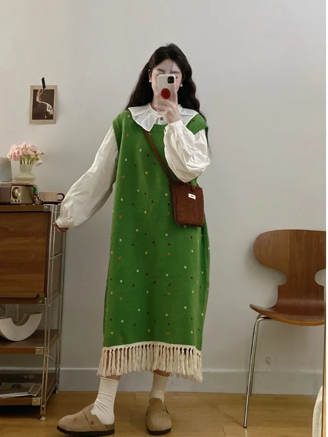 

Large Size Women's Sweet Tassel Vest Sweater Dr Autumn Winter New Sle Doll Collar irt Set Korean Sle Loose Fit Long ...
