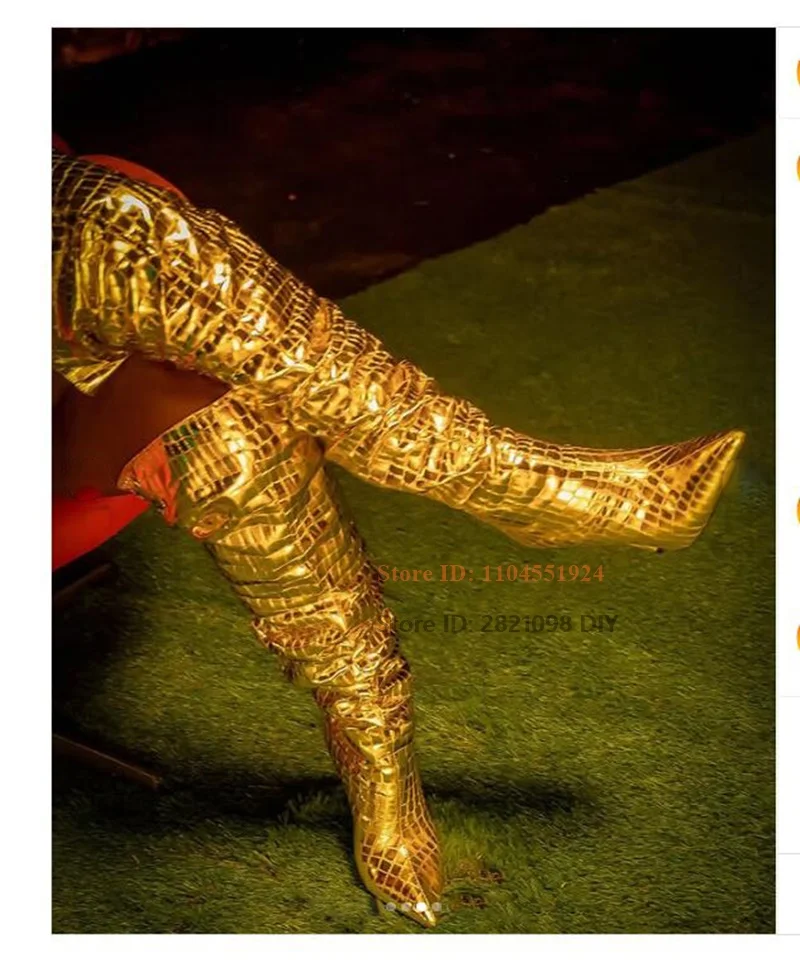 

Pointed Toe Gold Color Snakeskin Leather Pattern Thin High Heeled Stilettos Over The Knee Long Boots Women Thigh High Boot
