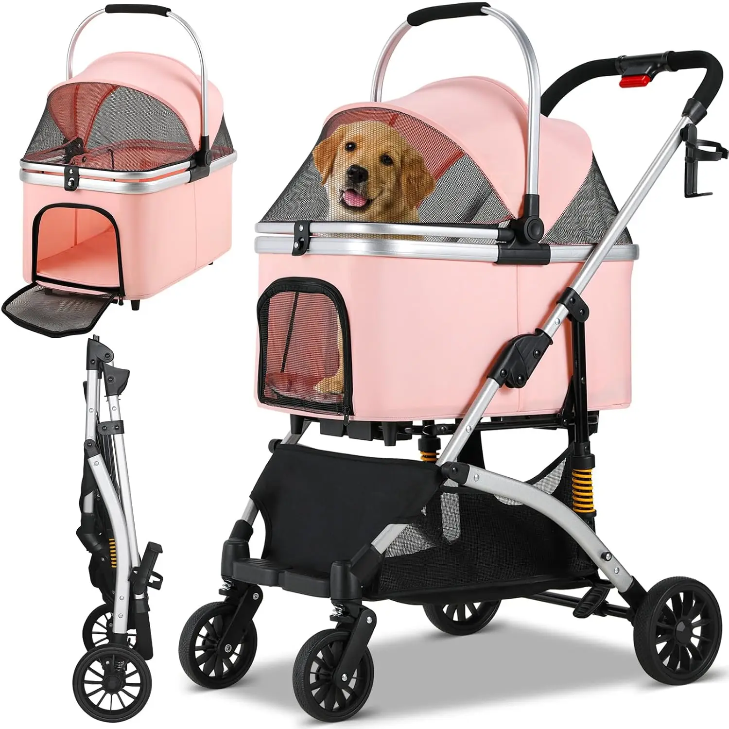 4in1 kinderwagen voor huisdieren Afneembare reistas en autostoeltje, aluminium frame 4-wieler reiskinderwagen voor hond en kat