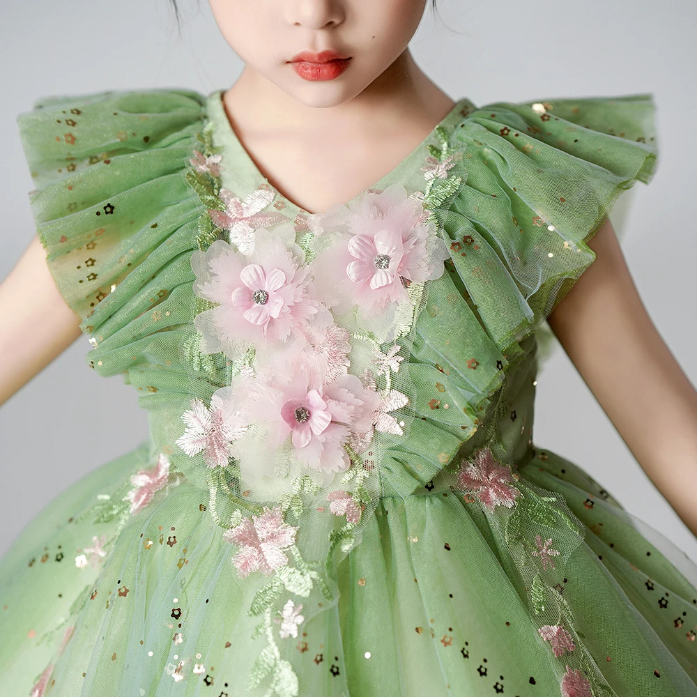 Fly Sleeve Wedding Birthday Green Dresses For Girls 2-8 Years Party Lace Tutu Christening Gown Kids Children Pageant Clothes