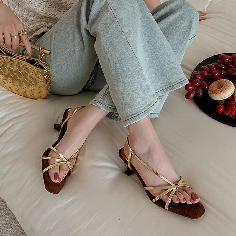 French Style Narrow Band Kitten Heel Sandals Women Summer Shoes 2024 New Arrival Cowide Leather Open Square Toe Sandals Wine Red