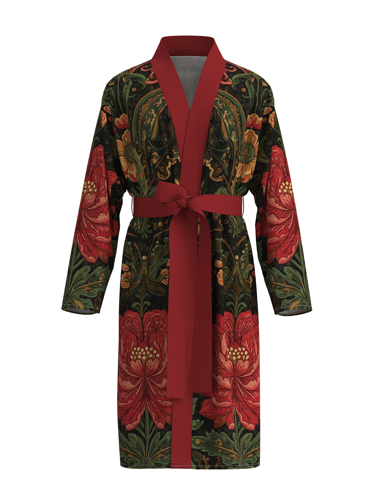 

Elegant vintage William Morris printed men's kimono bathrobe, dark botanical style home and vacation loungewear