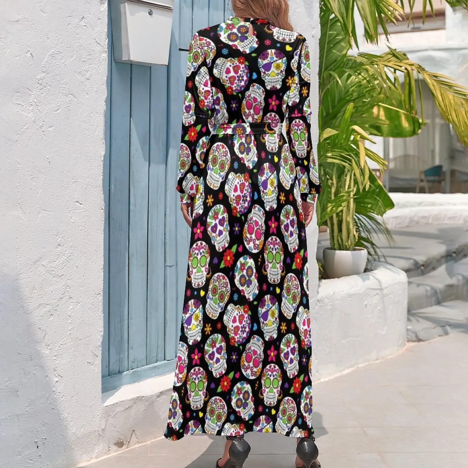 Robe mexicaine tête de mort sucrier, crâne coloré, imprimé floral, esthétique Boho, robes de plage, manches longues, taille haute, jolie robe longue Maxi