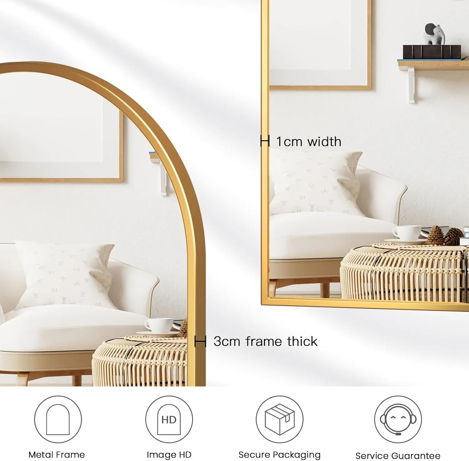 مرآة حمام بإطار معدني للجدار، مرآة زينة للحمام، مرآة مستطيلة كبيرة/قوسية، مضادة للصدأ، زجاج مقسى #3