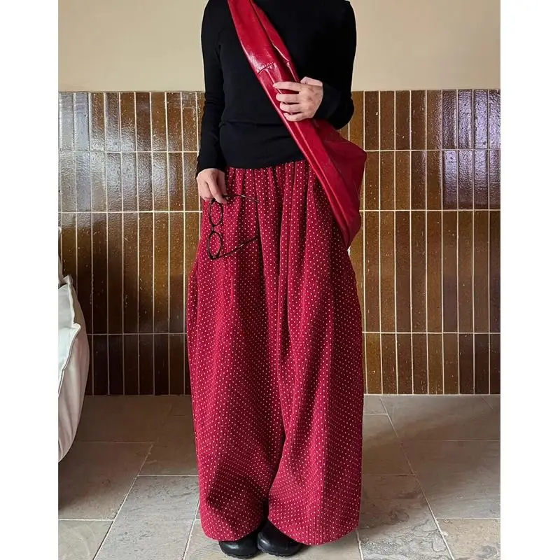 

Red Polka Dot Autumn Corduroy Pants for Women, High-Waisted, Slimming, Versatile Wide-Leg Pants