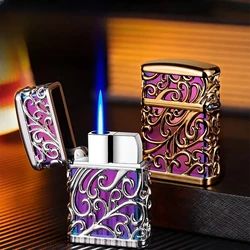 Hot Selling Metal Blue Flame Turbo Torch Inflatable Butane Gas Lighter Outdoor Windproof Lighter 3D Floral Pattern Cigarette Set