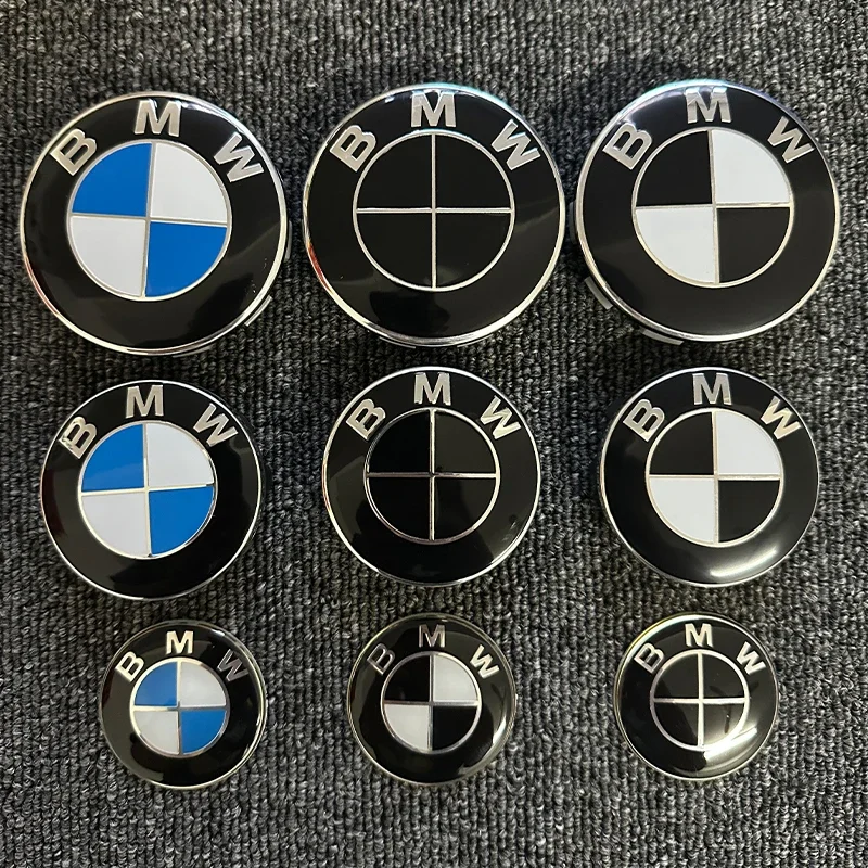 

Front Hood Emblem For BMW Race track black white Logo 81mm+Rear Badge 74mm+Wheel Hub Cap 68mm+56mm Steering Wheel Sticker 46mm