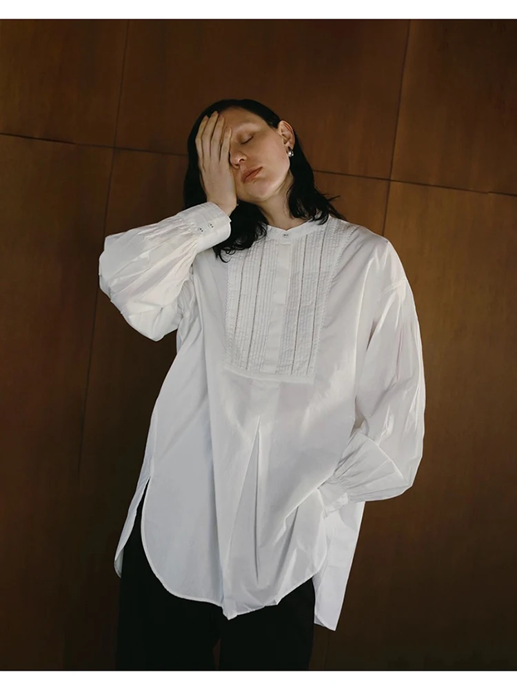 

Loose Cotton Long Sleeve Lantern Shirt Vintage Style Breathable Sun Protection Simple Stand Collar Hollow out Lace Commute Shirt