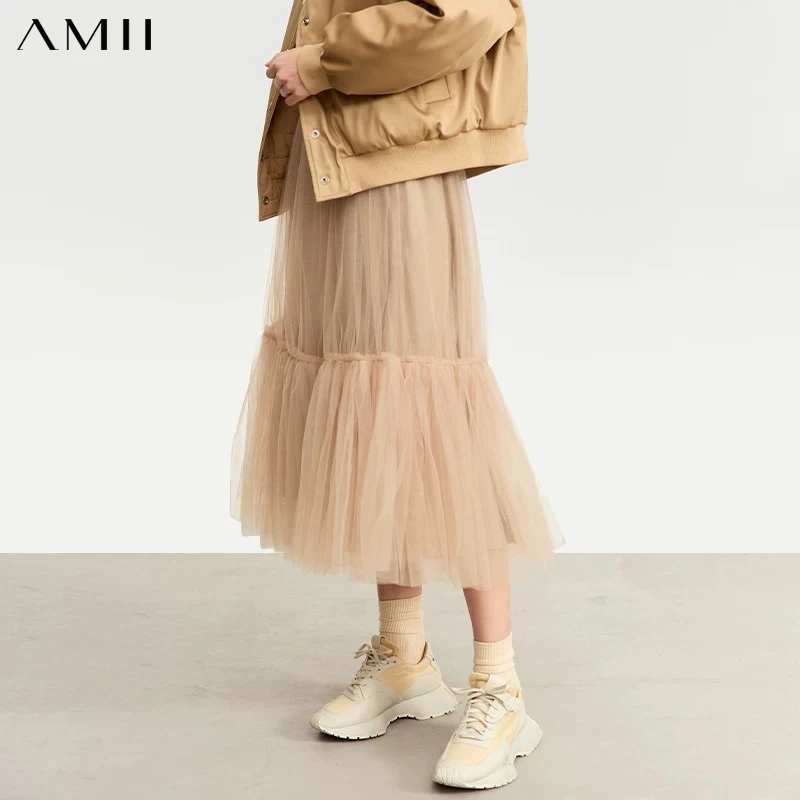 AMII Mesh Pleated Skirt for Women 2026 Autumn New Loose Fashion Cute Romantic Tutu Mid Length Skirt Clothing Streetwear 12343412