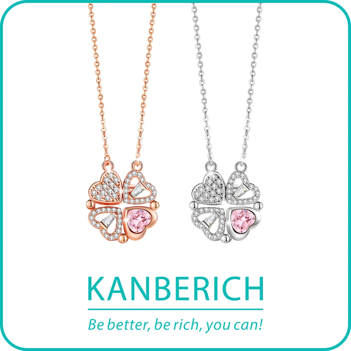 

Kanberich S925 Real Sterling Silver Cubic Zirconia Lucky Four-leaf Clover Magnetic Foldable Pendant Clavicle Chain Necklace