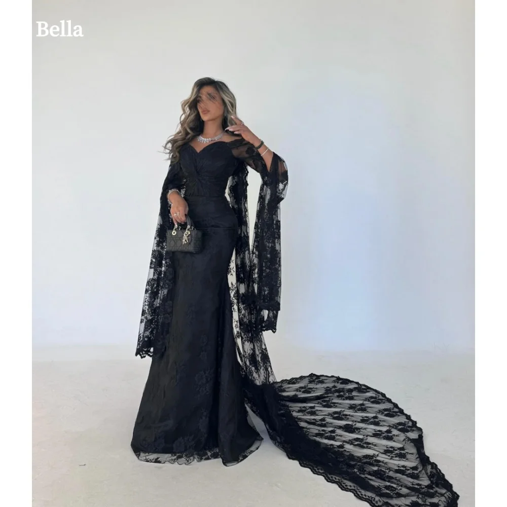 Bella Customized Black Embroidery Lace Shawl robes de soirée Pagoda Sleeve Mermaid Evening Dresses V Neck Party Wedding Dress