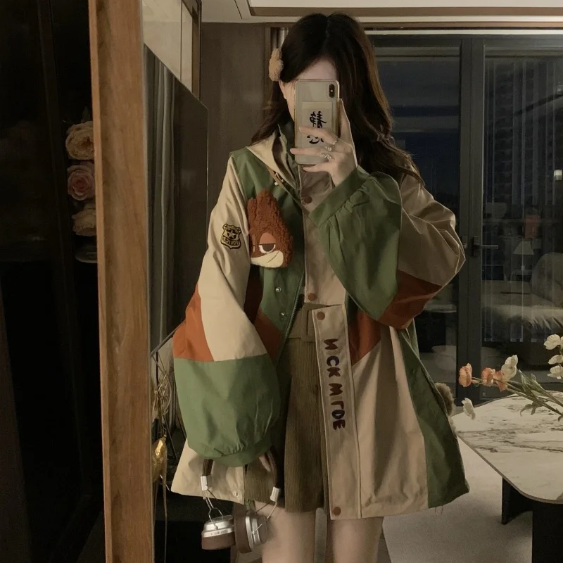 

Women's Retro Contrasting Casual Jacket Spring Autumn Female Long Sleeved Hooded Thin Coat Solid Color Vintage Sweatshirt