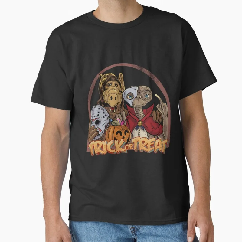 

trick or treat 80s Retro horror movie Alien tv show ALF 1986 scary halloween gift T shirt for cat lover Large size Tops S-6XL