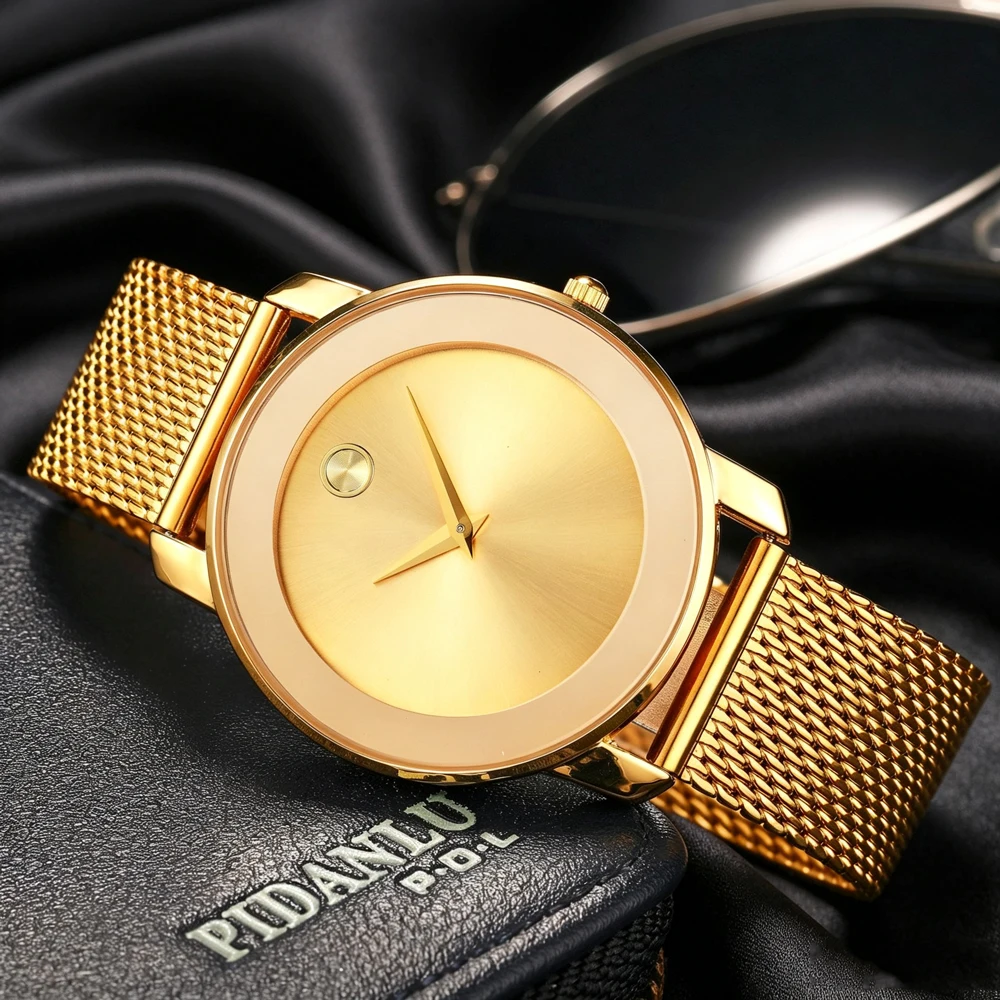 MISSFOX Classic Gold Tone Mesh Strap Watch Minimalist Quartz Wristwatch Ultra Thin Waterproof for Men Business