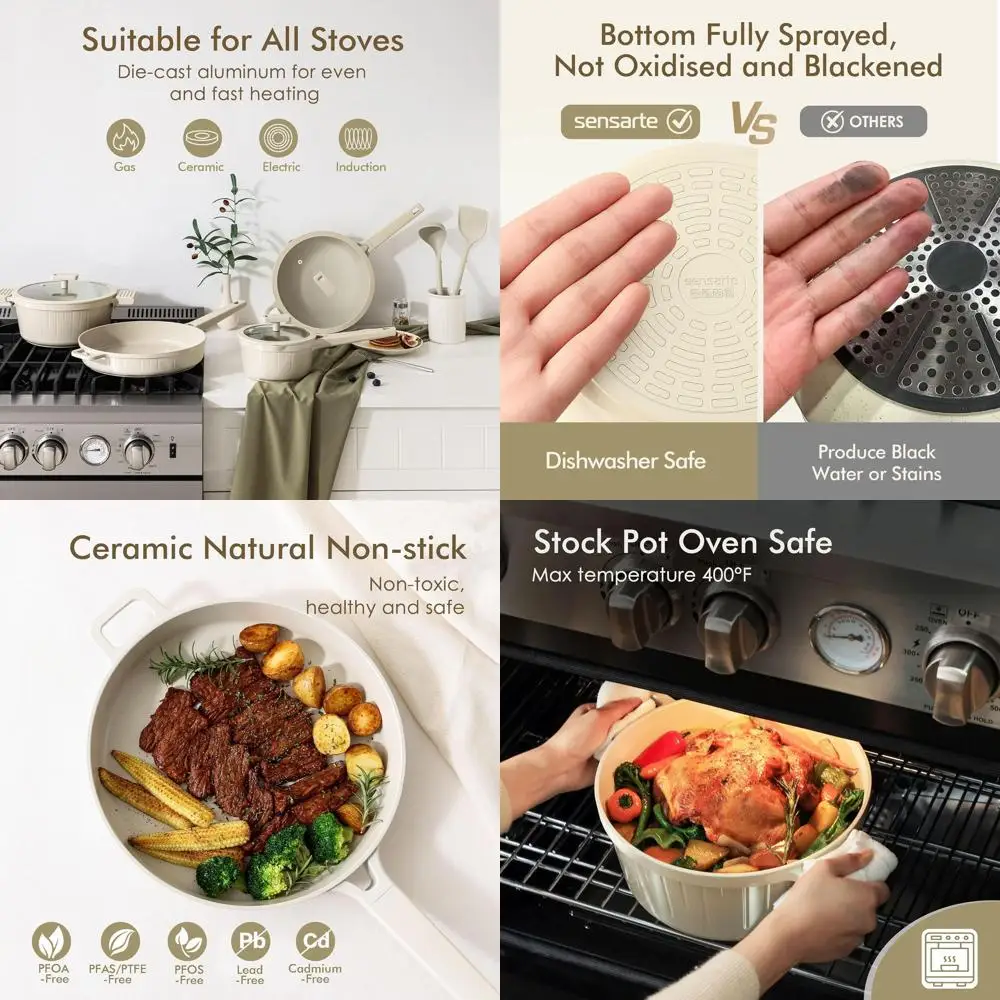 

Non-toxic 14-Piece Ceramic Cookware Set, Nonstick, Dishwasher Safe, Induction Compatible, Healthy Cooking, PFOA/PFAS/PTFE Free