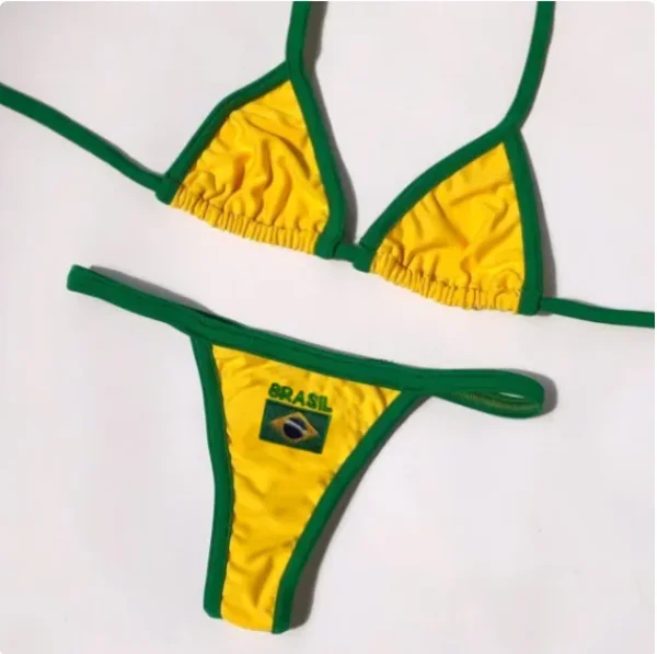 Sexy Embroidery Brasil Flag Contrast Split Bikini Set Women Swimwear Patchwork Swimsuit Hottie Outfit Summer Beachwear