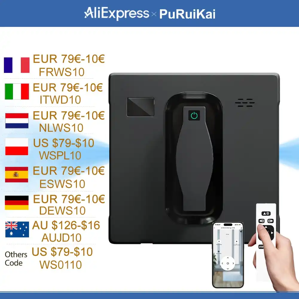 Robot nettoyeur de vitres PuRuiKai, double pulvérisation d'eau, avec contrôle par application, aspiration à vide élevée, capteur laser, robot de nettoyage de vitres murales à domicile