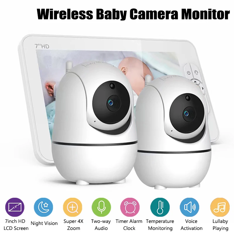 7 inch Video Baby Monitor with Two Camera and Audio, Night Vision 4X Zoom, Timer Alarm Clock, 2-Way Audio Temperature Monitoring