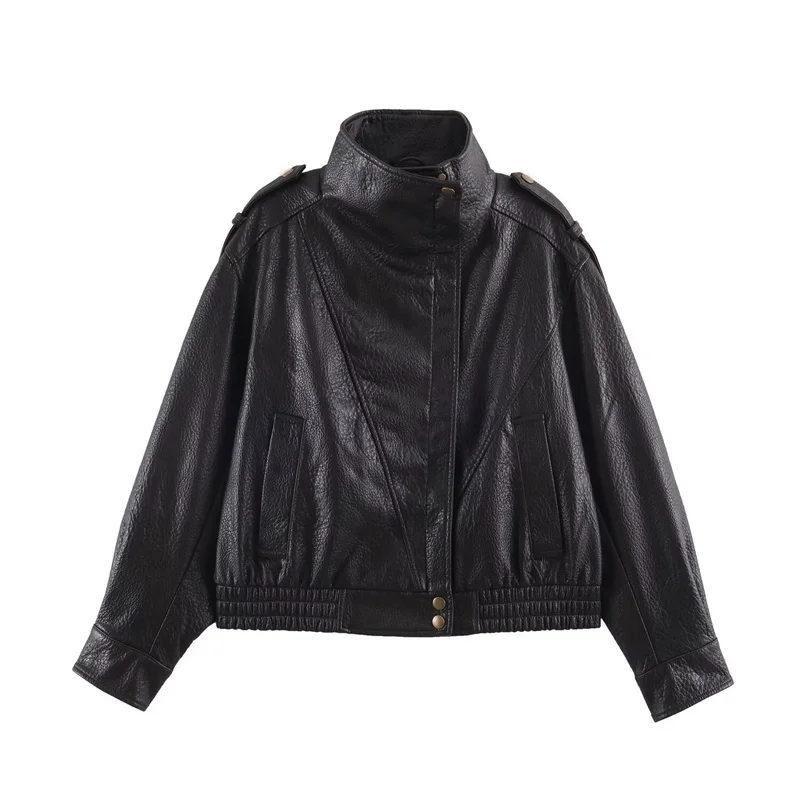 Women Faux Leather Bomber Jacket Stand Collar Short Biker Coat Vintage PU Motorcycle Jacket Autumn Winter Loose Outerwear