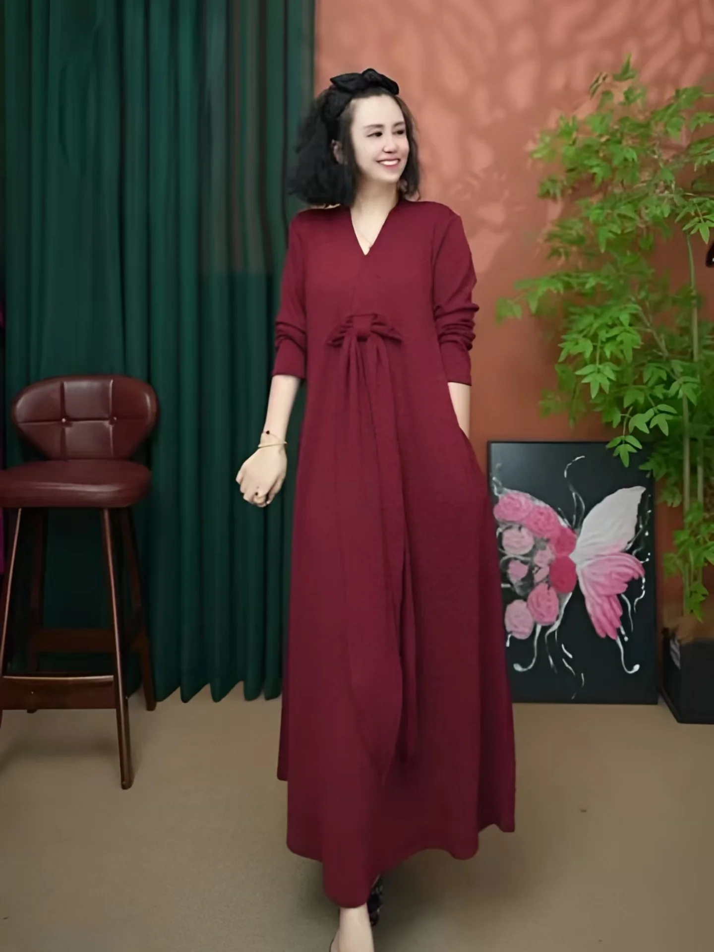 

Faionable V-Ne Long Sve Dr Mommy Sle, осеннее новое поступление, женское весенне-осеннее свободное платье для похудения макси Dr